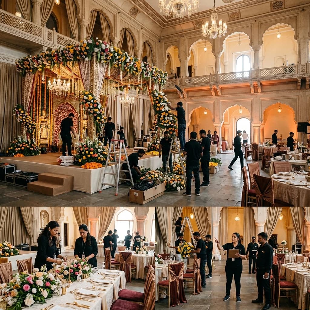 Professional event coordinator managing venue setup details