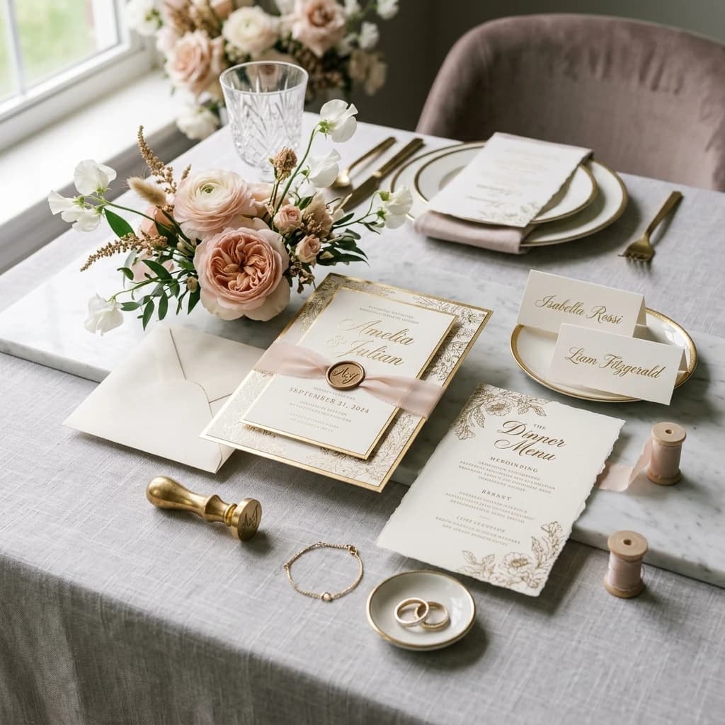 Luxury event stationery, wedding invitations, and gold foil details