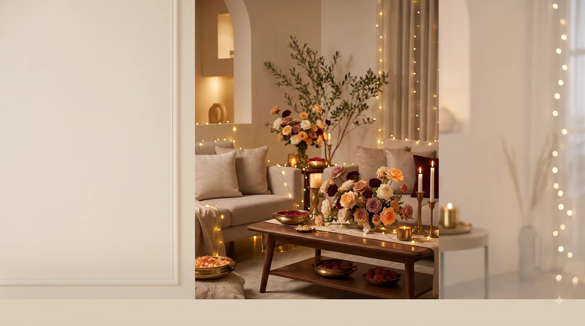 Warm Indian celebration decor with floral arrangement and candle lighting